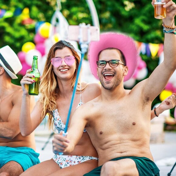 Pink Felt Cowboy Hat with Feather Boa and Heart Sunglasses Costume Accessory - Picture 7 of 7